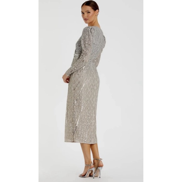 Mac Duggal Silver Beaded Lace Long Sleeve Midi Dress Size 8 5574 V Neck Sequin - Picture 3 of 13